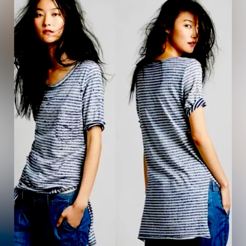 Free People Destroyed Distressed Striped Tee